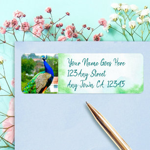 Stylish blue green peacock photo custom address label