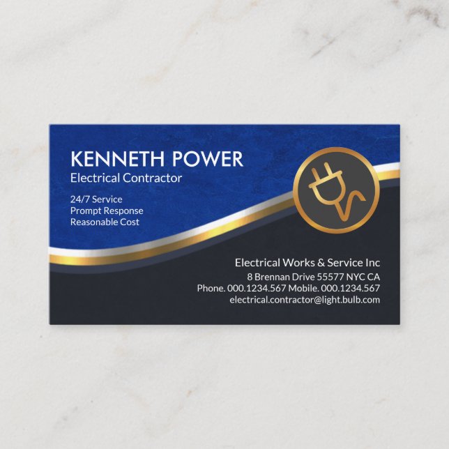 Stylish Blue Grunge Silver Gold Wave Electrician Business Card (Front)