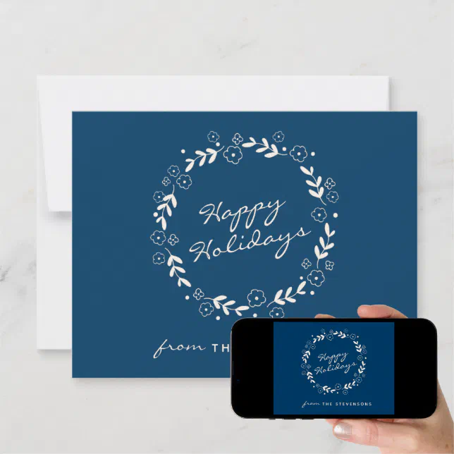 Stylish Blue Happy Holidays Floral Simple Custom Holiday Card | Zazzle