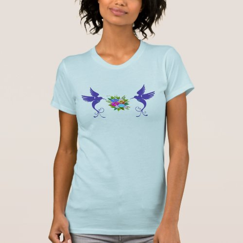 Stylish blue hummingbirds and multicolored flowers T_Shirt