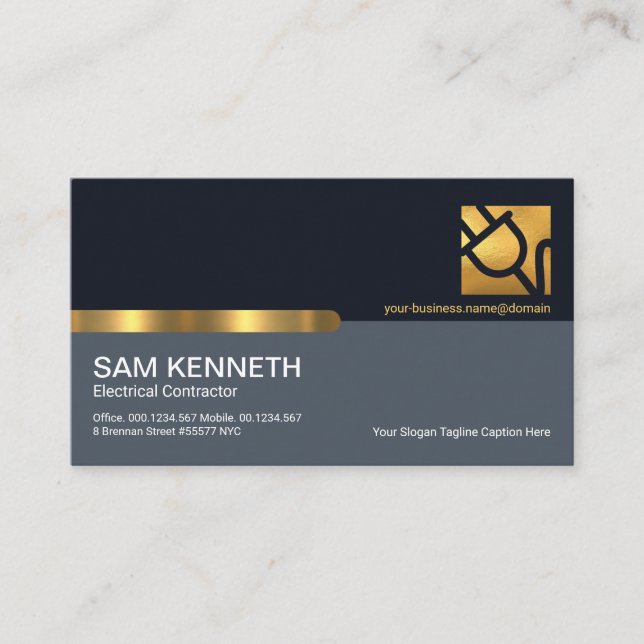 Stylish Blue Layers Gold Power Plug Electrician Business Card (Front)