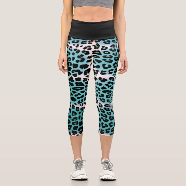Stylish Blue Leopard Animal Print Women's Capri Leggings (Front)