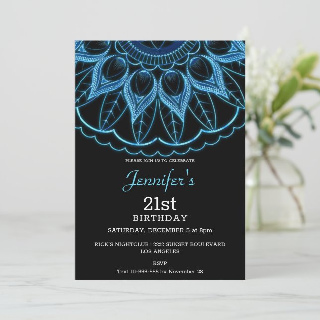 Stylish Blue Mandala Birthday Invitation (Standing Front)