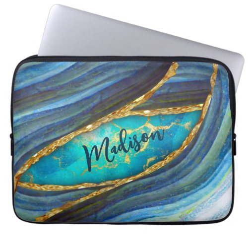 Stylish blue marble art faux gold glitter laptop sleeve
