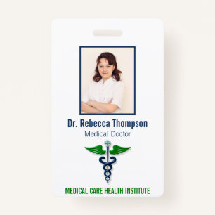 Stylish Blue Medical Caduceus Green Photo ID Badge