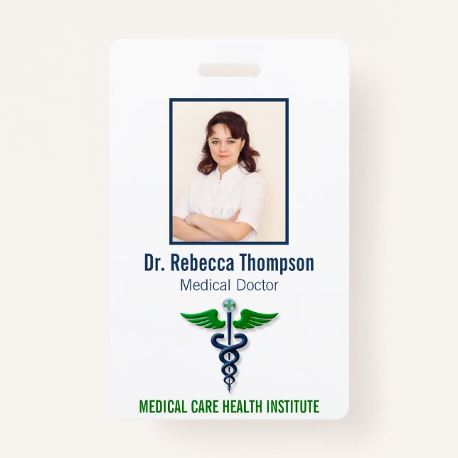  Stylish Blue Medical Caduceus Green Photo ID Badge (Front)