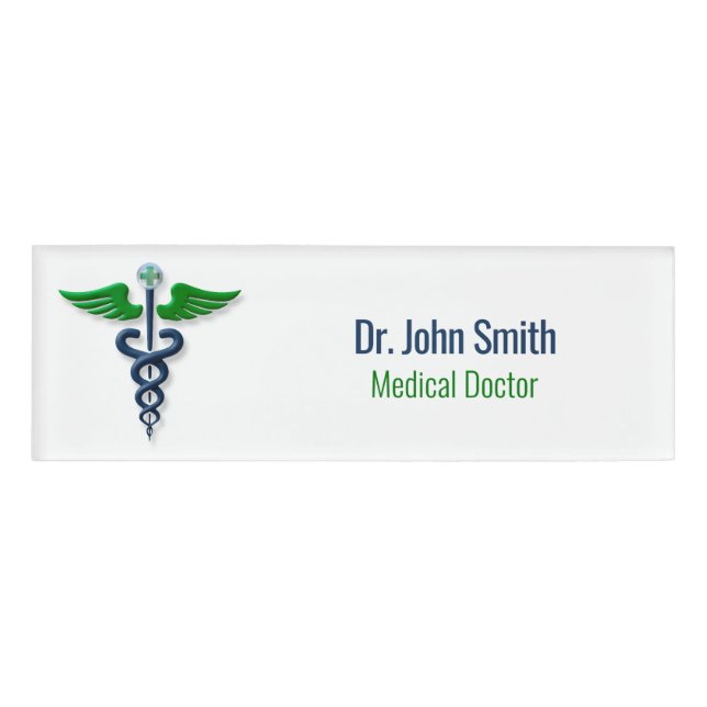 Stylish Blue Medical Caduceus Green Wings Cross Name Tag (Front)