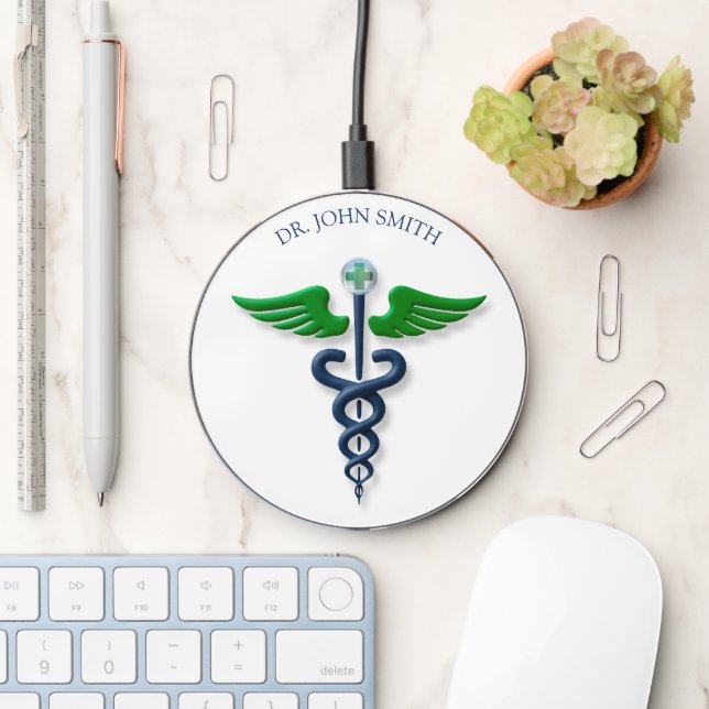 Stylish Blue Medical Caduceus Green Wings Cross Wireless Charger (Desk)