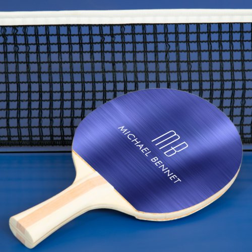 Stylish Blue Metallic Monogram Name Ping Pong Paddle