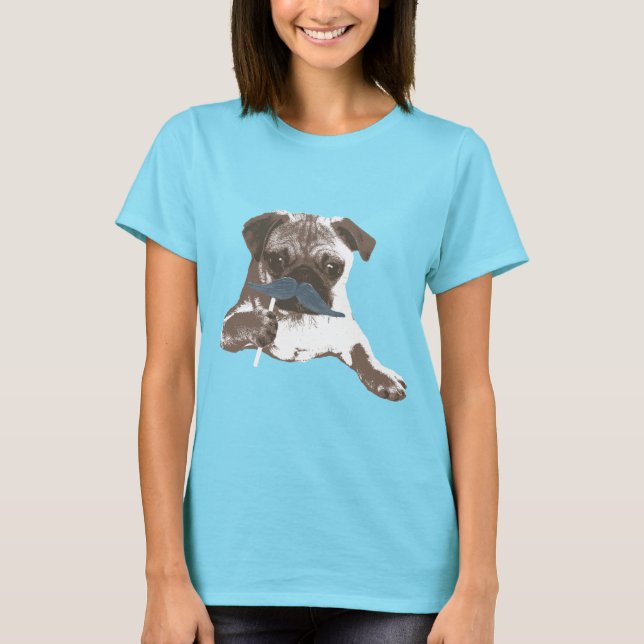 Stylish Blue Mustache Pug T-Shirt (Front)