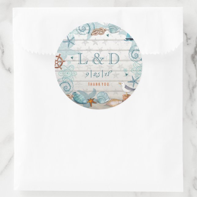 Stylish Blue Nautical Beach Wedding Classic Round Sticker (Bag)