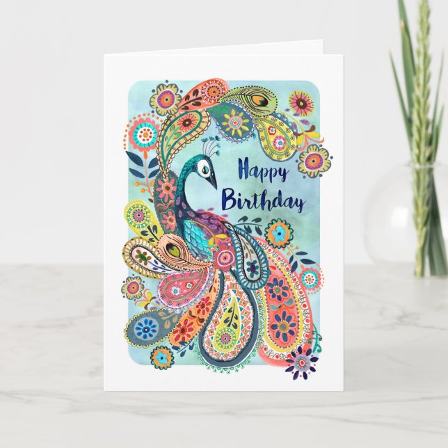 Stylish Blue Peacock Happy Birthday Greeting Card (Front)