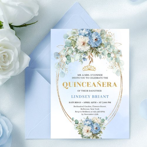 Stylish Blue Peony Gold Floral Quinceañera Card