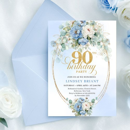 Stylish Blue Peony Gold Frame 90th Birthday Invite