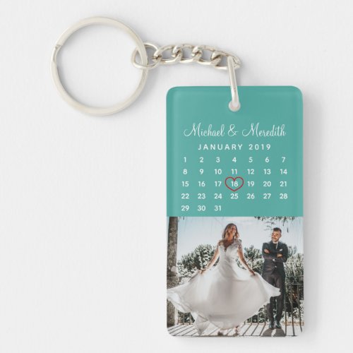 Stylish Blue Photo Wedding Anniversary Calendar Keychain