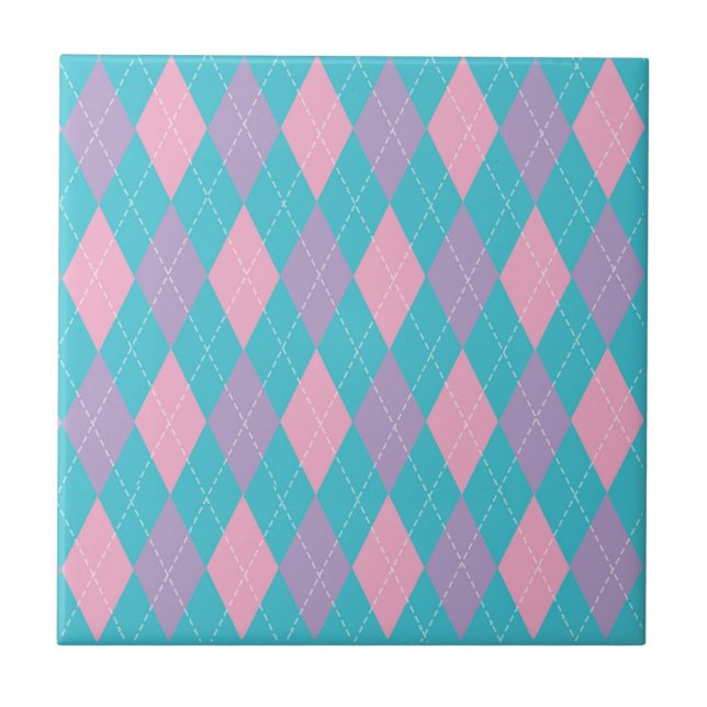 Stylish Blue Pink Purple Argyle Pattern Ceramic Tile (Front)