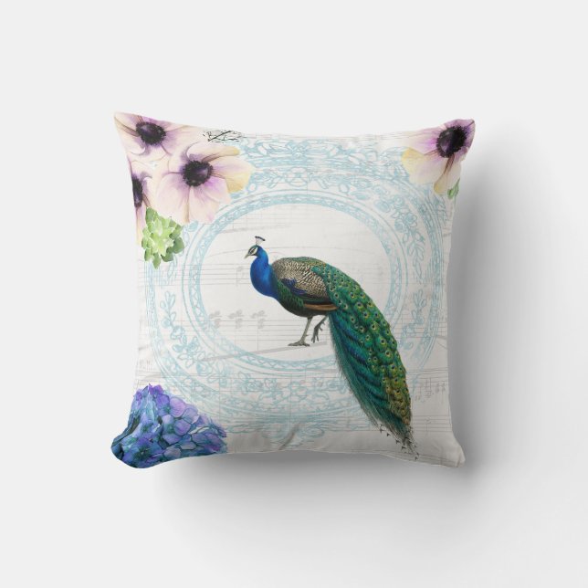 Stylish Blue, Pink & White Floral Peacock Throw Pillow (Front)