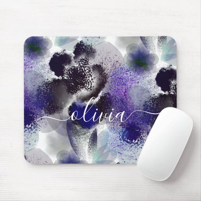 Stylish Blue Purple Floral Signature Monogram Mouse Pad (With Mouse)