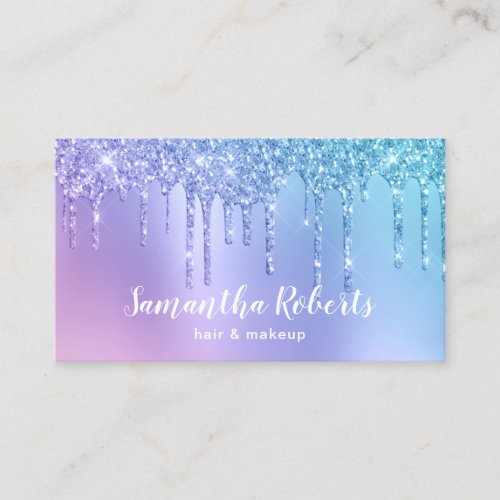 Stylish blue  purple glitter drips hair  makeup business card