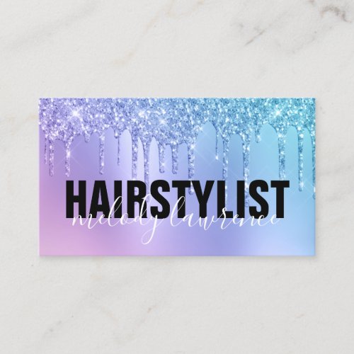 Stylish blue  purple glitter drips hairstylist business card