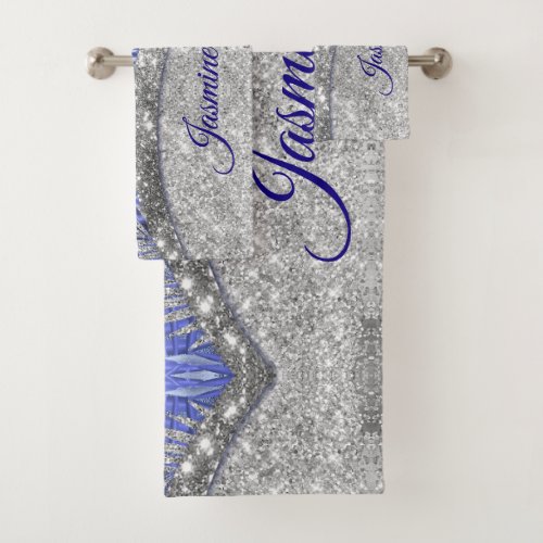 stylish blue purple silver glitter leaves monogram bath towel set