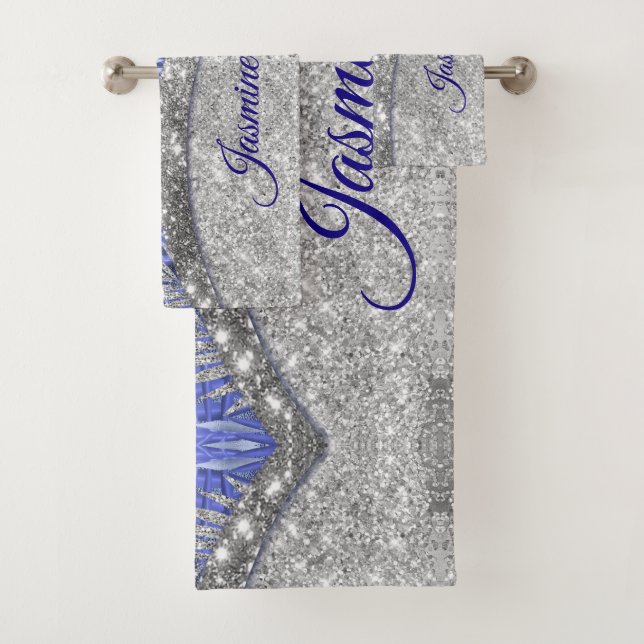 stylish blue purple silver glitter leaves monogram bath towel set (Insitu)