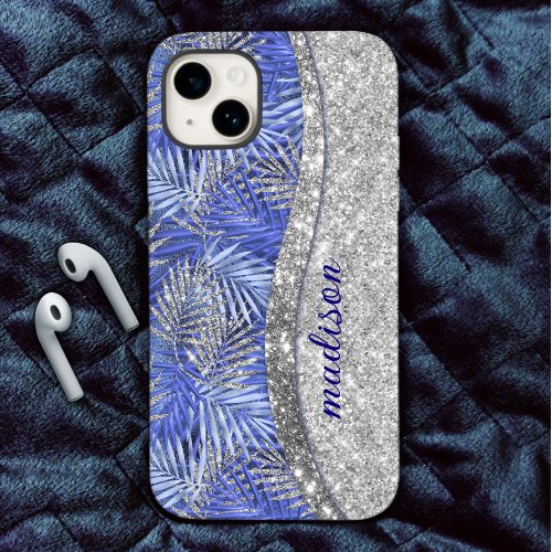 stylish blue purple silver glitter leaves monogram iPhone 15 case