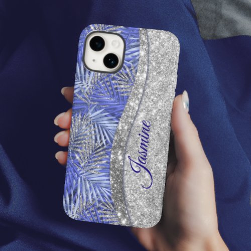 stylish blue purple silver glitter leaves monogram Case_Mate iPhone 14 case