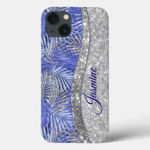 stylish blue purple silver glitter leaves monogram iPhone 13 case