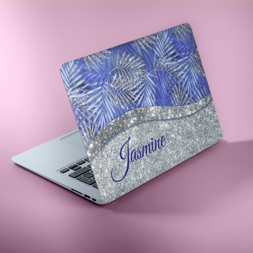 stylish blue purple silver glitter leaves monogram HP laptop skin