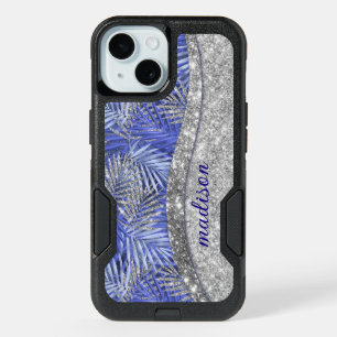 stylish blue purple silver glitter leaves monogram iPhone 15 case