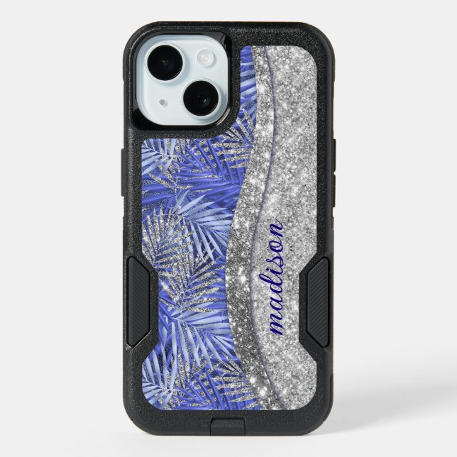 stylish blue purple silver glitter leaves monogram iPhone 15 case (Back)