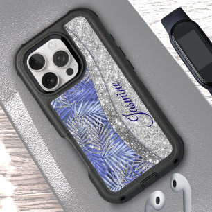 stylish blue purple silver glitter leaves monogram iPhone 16 pro case