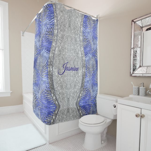 stylish blue purple silver glitter leaves monogram shower curtain (In Situ)