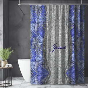 stylish blue purple silver glitter leaves monogram shower curtain
