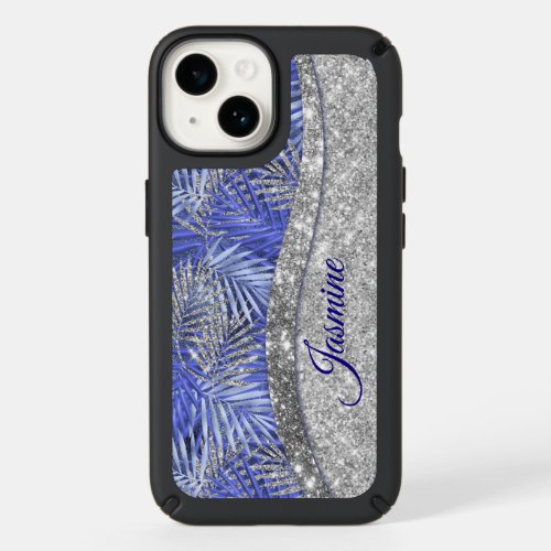 stylish blue purple silver glitter leaves monogram speck iPhone 14 case