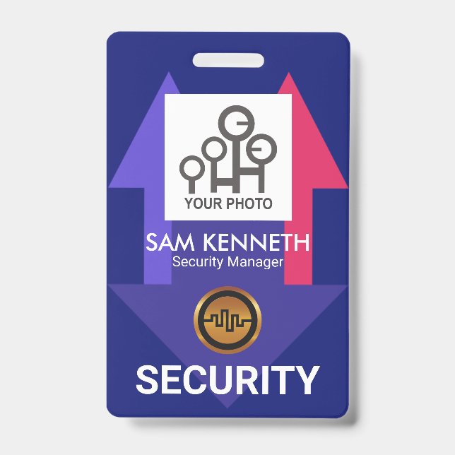 Stylish Blue Red Arrows Security Photo Template Badge (Front)
