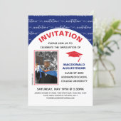 Stylish Blue Red Graduate Photo Invitation (Standing Front)
