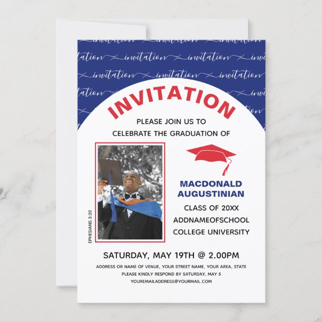 Stylish Blue Red Graduate Photo Invitation (Front)