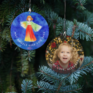 Stylish Blue Red Guardian Angel Watercolor Photo Wind Chime