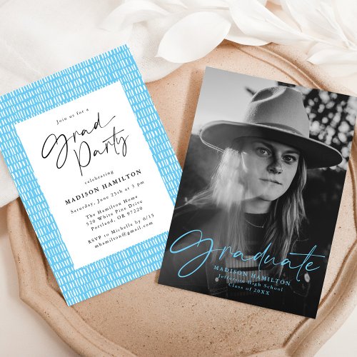 Stylish Blue Script Photo Graduation Party Invitation