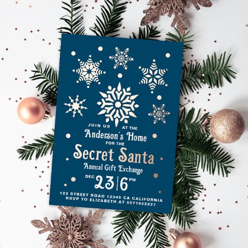 Stylish Blue Secret Santa Snowflakes  Foil Holiday Card