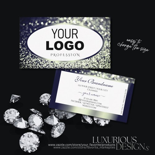 Stylish Blue Silver Sparkle Glitter White add Logo Business Card