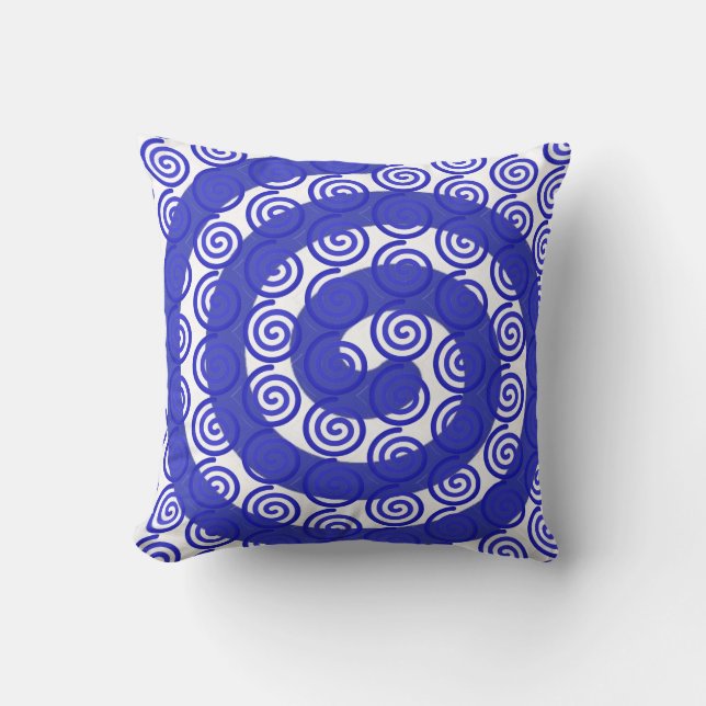 Stylish Blue Spiral and White Throw Pillow (Front)