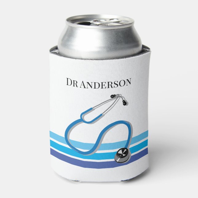 Stylish Blue Stripes and Stethoscope Doctor Can Cooler (Can Front)