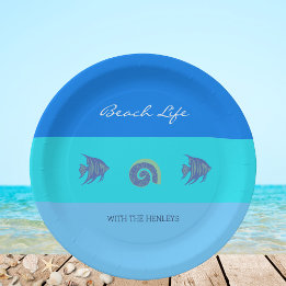 Stylish Blue Stripes Fish Shells Beach House Paper Plates