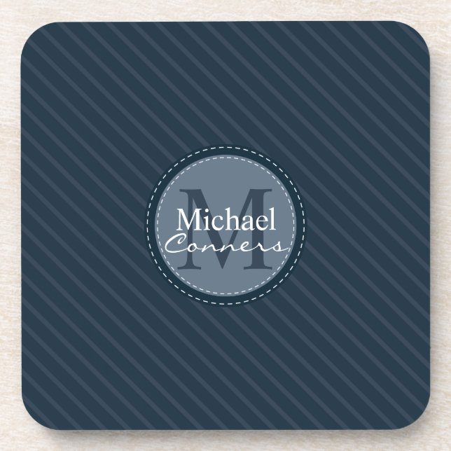 Stylish Blue Stripes w/Monogram Beverage Coaster (Front)