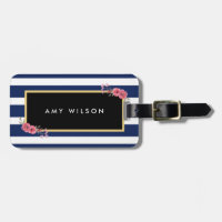 Stylish Blue Stripes Watercolor Floral Luggage Tag
