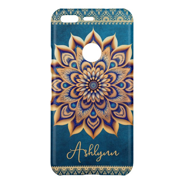 Stylish Blue Teal Gold Mandala  Personalized  Uncommon Google Pixel Case (Back)