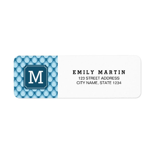 Stylish Blue Teardrop Monogram Address Label (Front)
